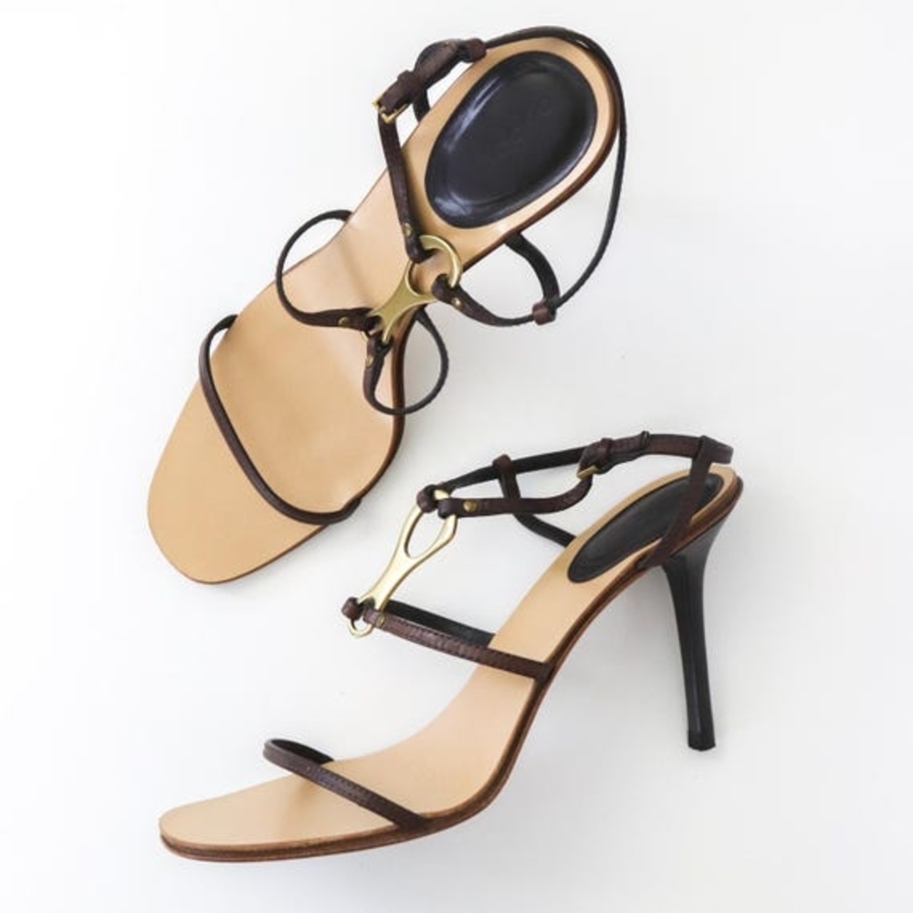 Gucci Brown Strappy Heels with Gold Accent